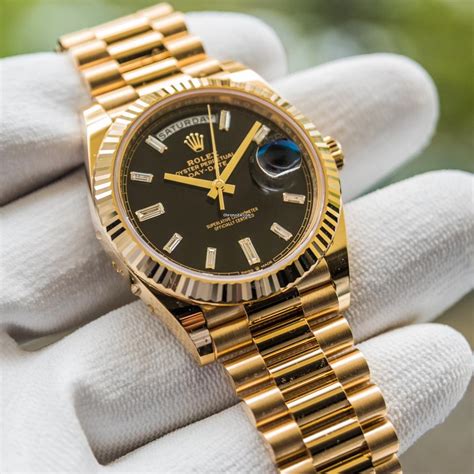 rolex day date gold black dial replica|rolex day date gold price.